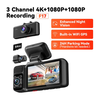 REDTIGER F17 Elite 4K 3-Channel Dash Cam with STARVIS 2 IMX678 & IMX675, 128GB Card, Full Night Color, 4K+2.5K+1080P Front Rear Inside, Touch Screen, Voice Control, 5Ghz Wifi 6, GPS, HDR, Parking Mode, 24 Hours Recording, Car Rvibes, Car VLOG,