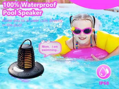 Floating Pool Speaker Bluetooth 5.1 with LED Flame & RGB Lights IP68 Waterproof TWS Pairing Built-In Mic Colorful Audio for Pool Hot Tub Black Stereo Sound Dual Pairing - Button Handle Wireless