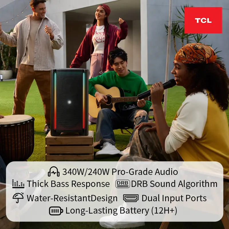 TCL TP300K & TP200K Portable Bluetooth Party Speaker with 8 RGB Dynamic Light Shows, 18 Hr Battery, and IPX4 Splash-Proof Rating