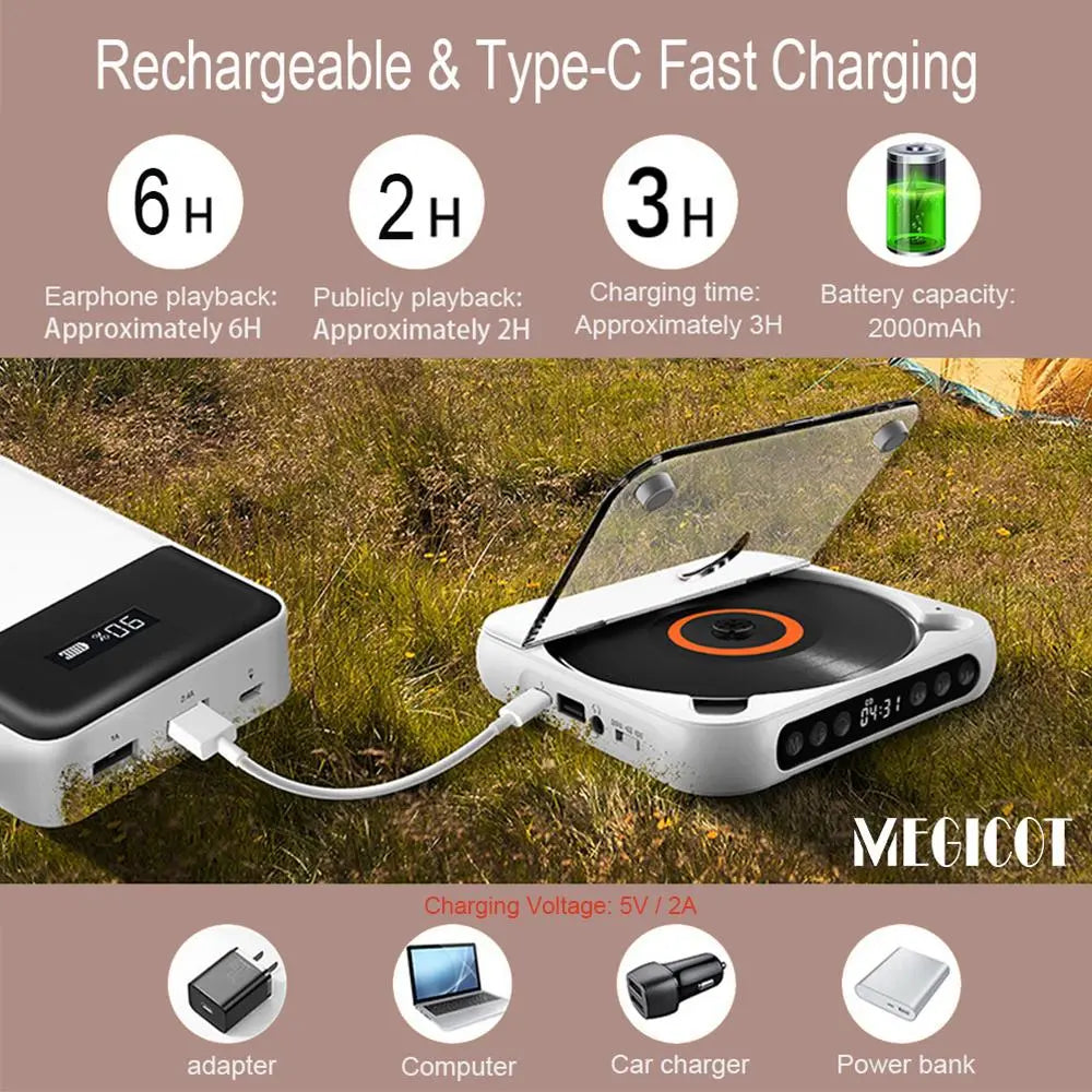 MEGICOT Portable Bluetooth-Compatible CD Player, Multifunction Rechargeable CD Player with LED Display, Portable Speaker CD Music Player for Home and Outdoor Use #GLOBAL PICKS