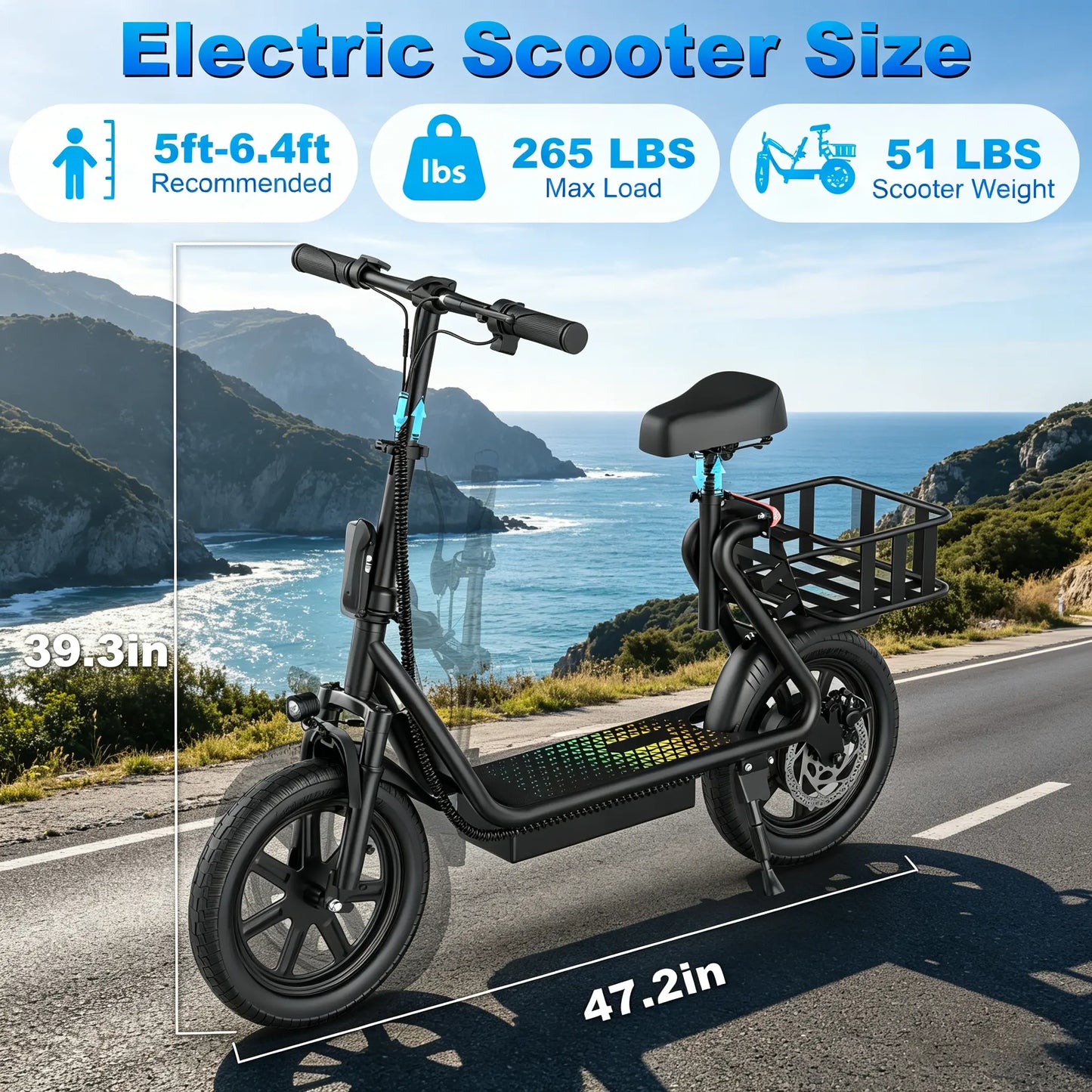 JOYHIS 14" Commuter Electric Scooter with Seat Basket & Dual Brakes, 500W-750W Motor 22MPH 21-27 Miles Range, Foldable 51Lbs Supports 265Lbs Bright LED Lights – Perfect for College Riders & Grocery Runs, WERHY SCOOTER