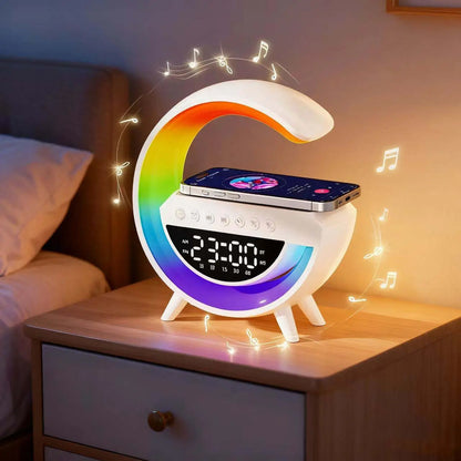 Wireless Speaker Charger Light LED Bedside Lamp 4-In-1 Alarm Clock Mood Light Speaker & Wireless Charger G-Shaped Atmosphere Lamp RGB Colour Changing Lamp for Bedroom Birthday Gifts with 5 Attributes