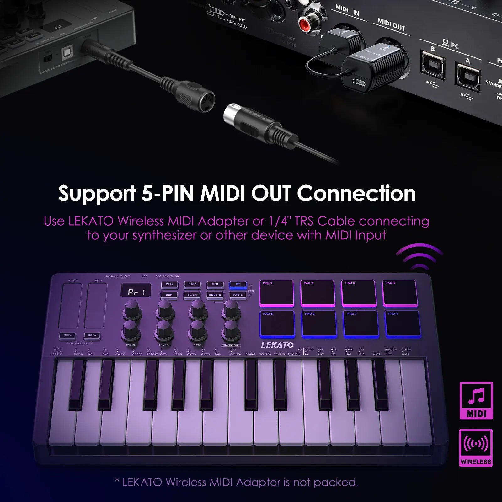 LEKATO SMK-25 USB 25 Key MIDI Keyboard Controller with 8 Backlit Drum Pads, Bluetooth Semi Weighted Dynamic Keybed 8 Knobs and Music Production, Smart Scales, Chords, Software Included, Back to School