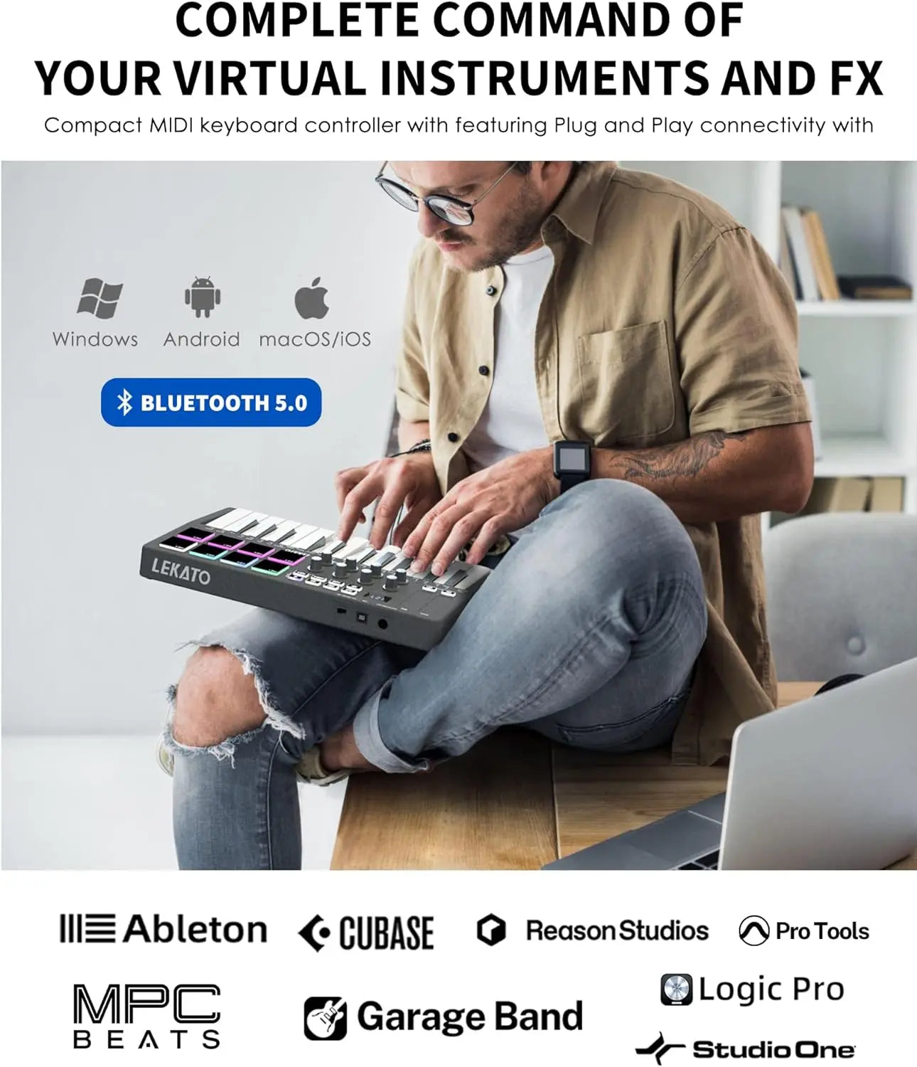 LEKATO SMK-25 USB 25 Key MIDI Keyboard Controller with 8 Backlit Drum Pads, Bluetooth Semi Weighted Dynamic Keybed 8 Knobs and Music Production, Smart Scales, Chords, Software Included, Back to School