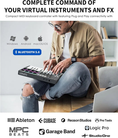 LEKATO SMK-25 USB 25 Key MIDI Keyboard Controller with 8 Backlit Drum Pads, Bluetooth Semi Weighted Dynamic Keybed 8 Knobs and Music Production, Smart Scales, Chords, Software Included, Back to School