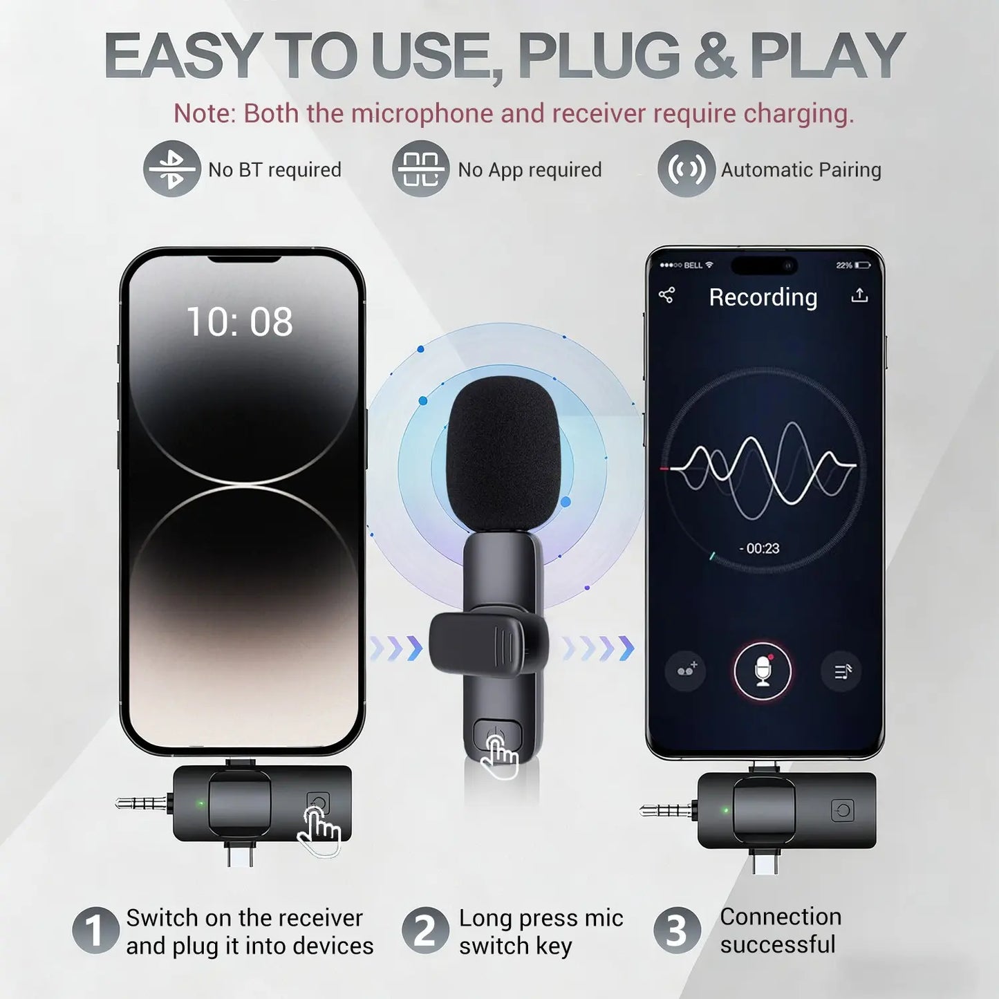 3-In-1 Wireless Compact Portable Lavalier Microphone for Iphone, Android, PC, USB-C, Noise Cancelling Lapel Mic