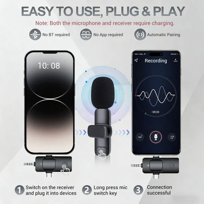 3-In-1 Wireless Compact Portable Lavalier Microphone for Iphone, Android, PC, USB-C, Noise Cancelling Lapel Mic