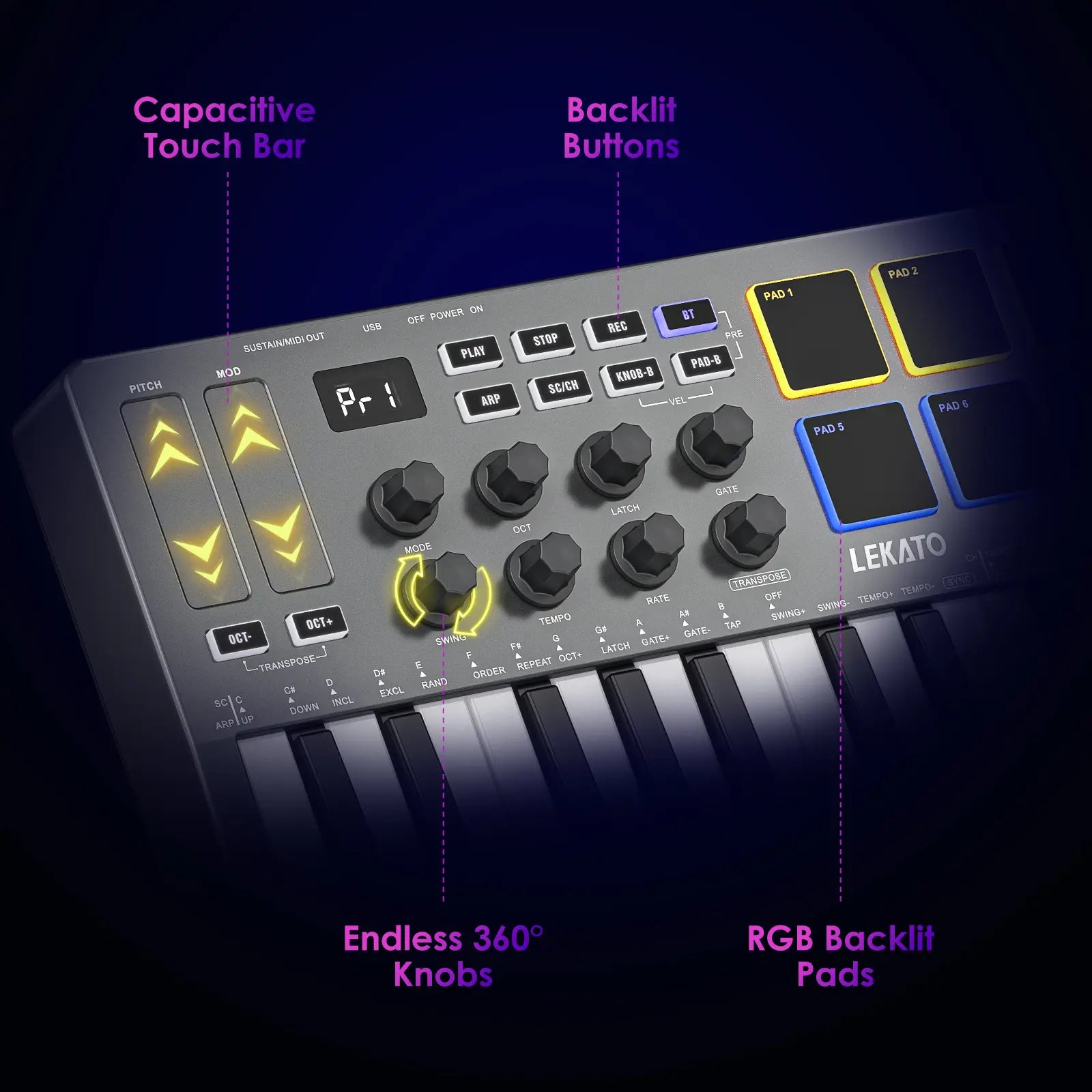 LEKATO SMK-25 USB 25 Key MIDI Keyboard Controller with 8 Backlit Drum Pads, Bluetooth Semi Weighted Dynamic Keybed 8 Knobs and Music Production, Smart Scales, Chords, Software Included, Back to School