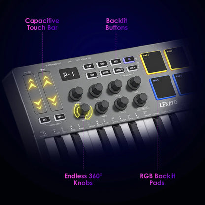 LEKATO SMK-25 USB 25 Key MIDI Keyboard Controller with 8 Backlit Drum Pads, Bluetooth Semi Weighted Dynamic Keybed 8 Knobs and Music Production, Smart Scales, Chords, Software Included, Back to School