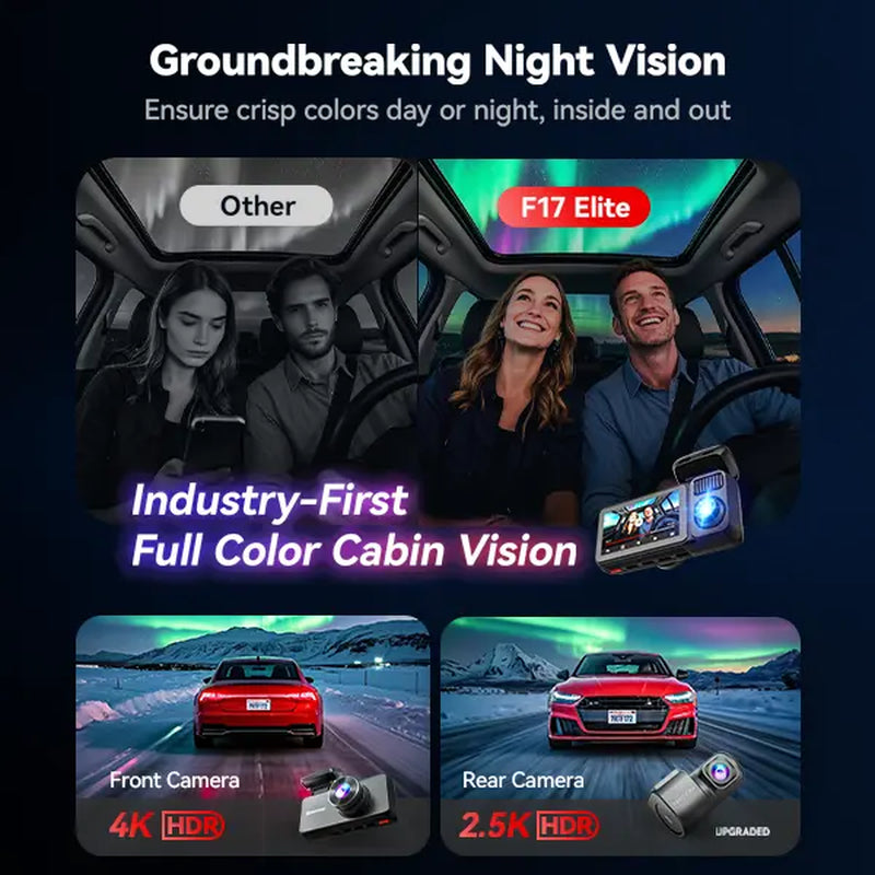 REDTIGER F17 Elite 4K 3-Channel Dash Cam with STARVIS 2 IMX678 & IMX675, 128GB Card, Full Night Color, 4K+2.5K+1080P Front Rear Inside, Touch Screen, Voice Control, 5Ghz Wifi 6, GPS, HDR, Parking Mode, 24 Hours Recording, Car Rvibes, Car VLOG,