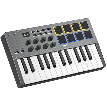 LEKATO SMK-25 USB 25 Key MIDI Keyboard Controller with 8 Backlit Drum Pads, Bluetooth Semi Weighted Dynamic Keybed 8 Knobs and Music Production, Smart Scales, Chords, Software Included, Back to School