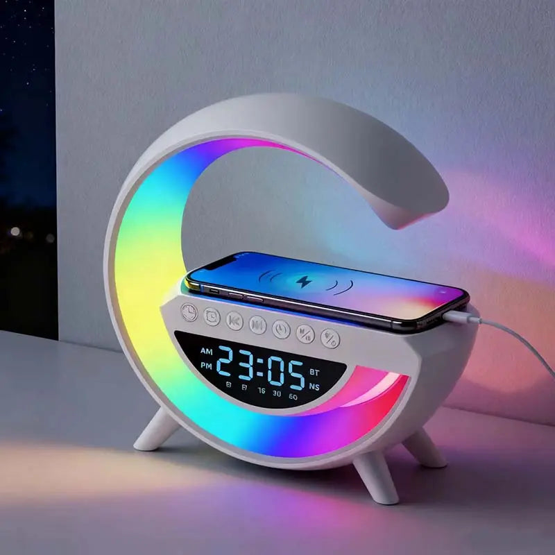 Wireless Speaker Charger Light LED Bedside Lamp 4-In-1 Alarm Clock Mood Light Speaker & Wireless Charger G-Shaped Atmosphere Lamp RGB Colour Changing Lamp for Bedroom Birthday Gifts with 5 Attributes
