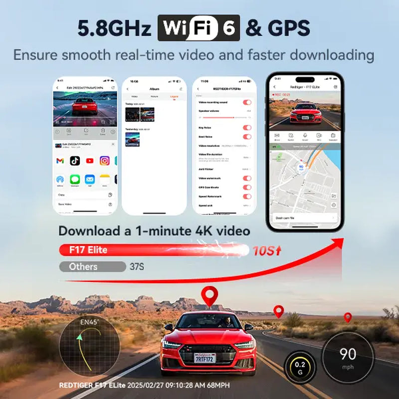REDTIGER F17 Elite 4K 3-Channel Dash Cam with STARVIS 2 IMX678 & IMX675, 128GB Card, Full Night Color, 4K+2.5K+1080P Front Rear Inside, Touch Screen, Voice Control, 5Ghz Wifi 6, GPS, HDR, Parking Mode, 24 Hours Recording, Car Rvibes, Car VLOG,
