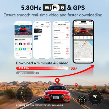 REDTIGER F17 Elite 4K 3-Channel Dash Cam with STARVIS 2 IMX678 & IMX675, 128GB Card, Full Night Color, 4K+2.5K+1080P Front Rear Inside, Touch Screen, Voice Control, 5Ghz Wifi 6, GPS, HDR, Parking Mode, 24 Hours Recording, Car Rvibes, Car VLOG,