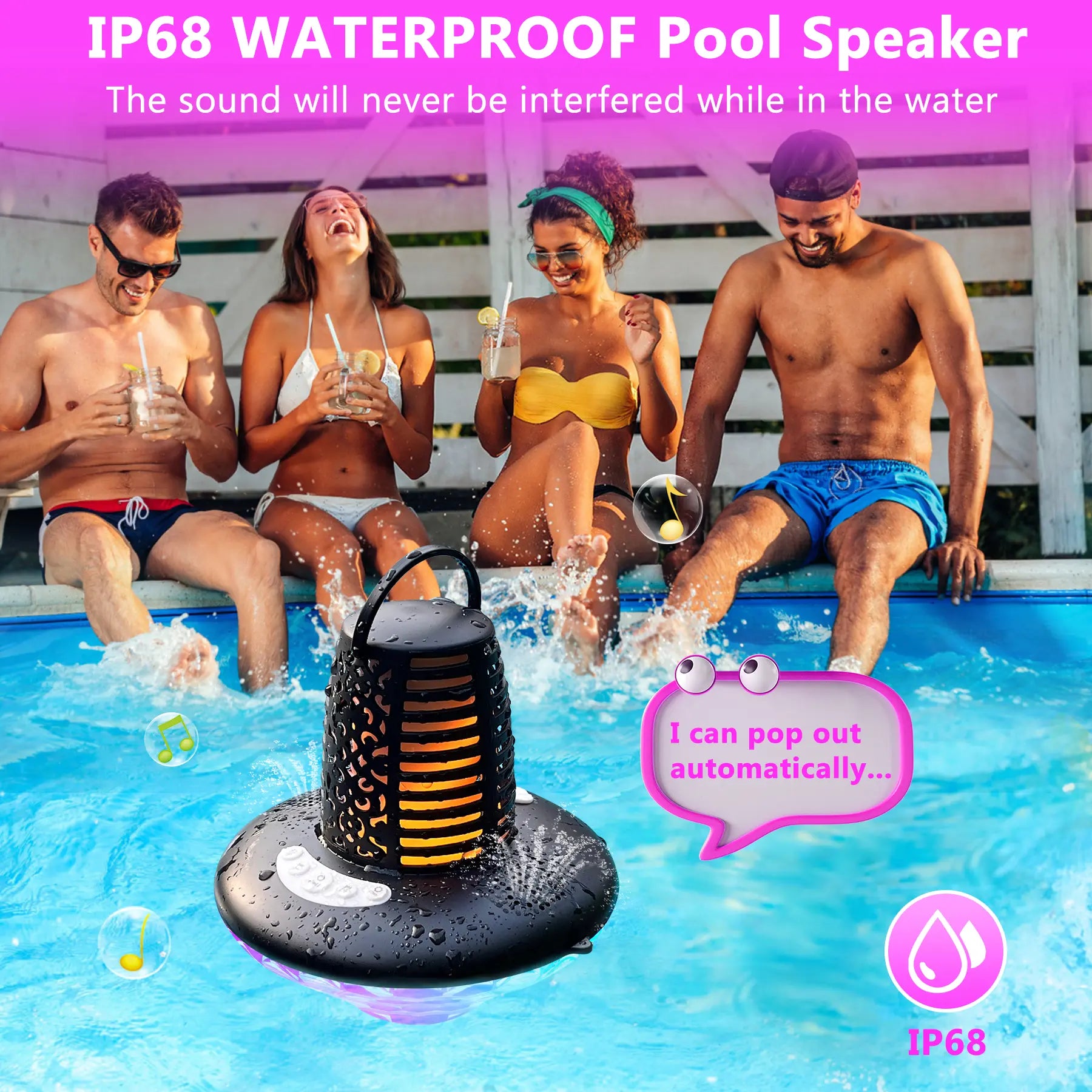 Floating Pool Speaker Bluetooth 5.1 with LED Flame & RGB Lights IP68 Waterproof TWS Pairing Built-In Mic Colorful Audio for Pool Hot Tub Black Stereo Sound Dual Pairing - Button Handle Wireless