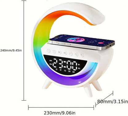 Wireless Speaker Charger Light LED Bedside Lamp 4-In-1 Alarm Clock Mood Light Speaker & Wireless Charger G-Shaped Atmosphere Lamp RGB Colour Changing Lamp for Bedroom Birthday Gifts with 5 Attributes