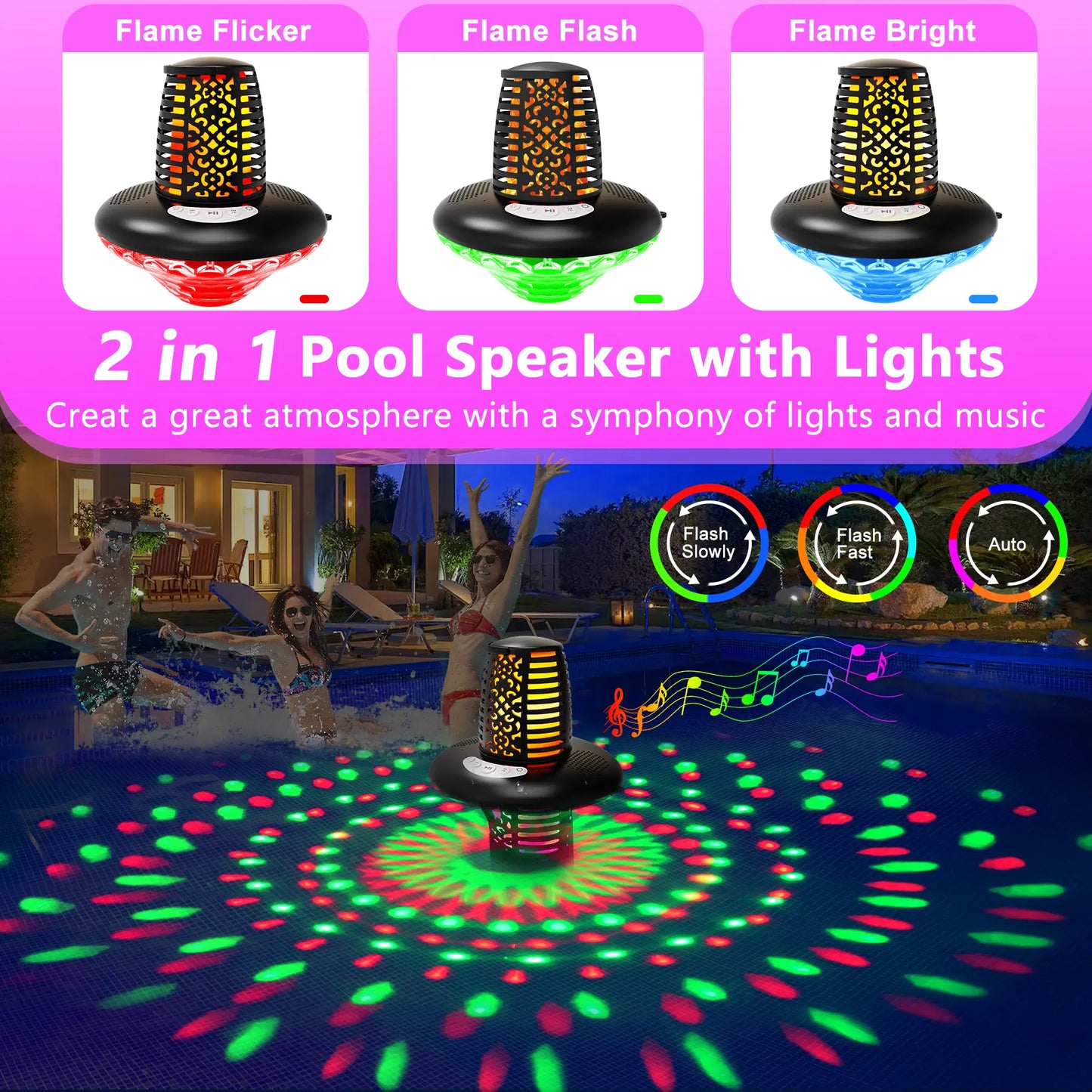 Floating Pool Speaker Bluetooth 5.1 with LED Flame & RGB Lights IP68 Waterproof TWS Pairing Built-In Mic Colorful Audio for Pool Hot Tub Black Stereo Sound Dual Pairing - Button Handle Wireless