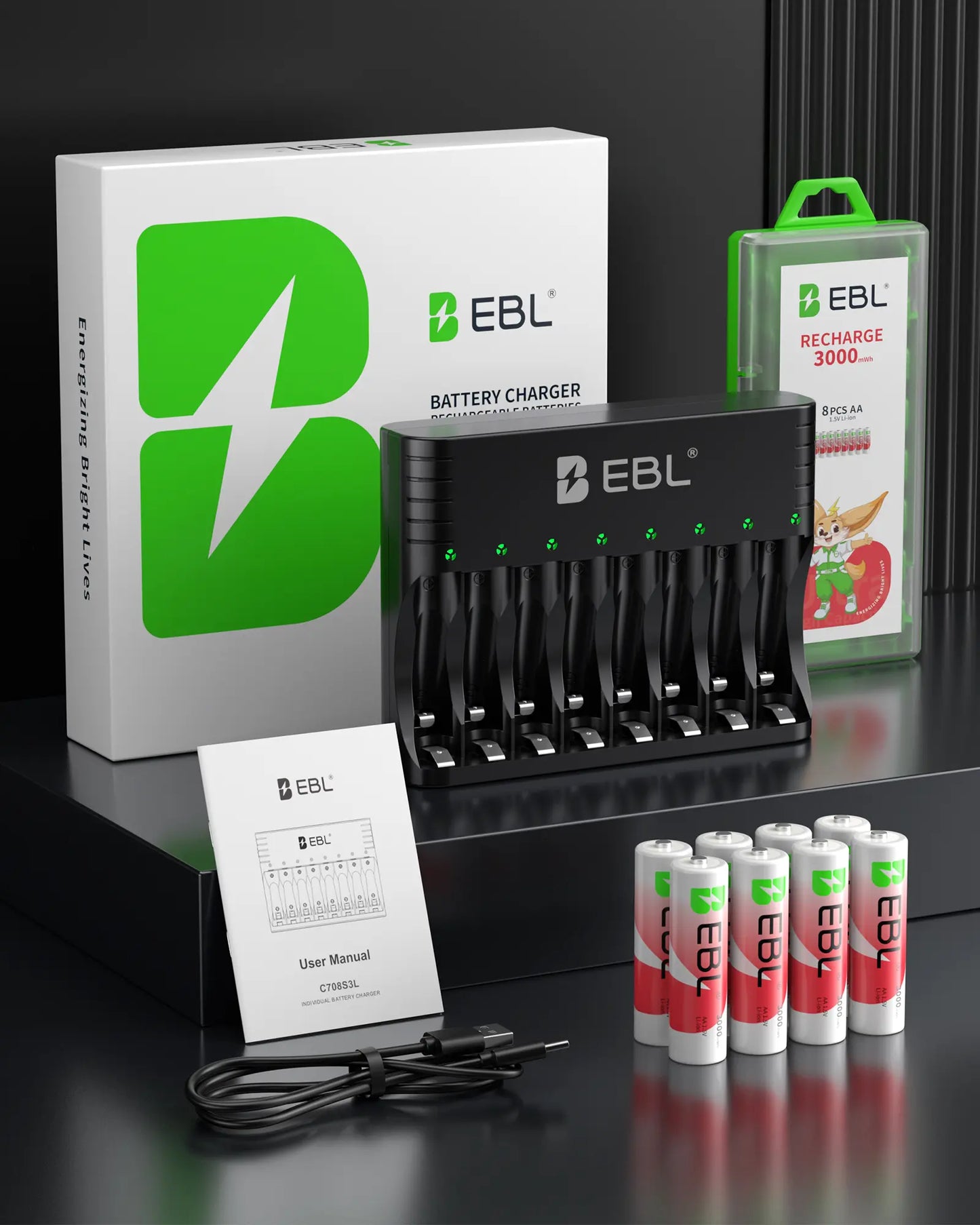 EBL Universal Battery Charger + 8-Pack Rechargeable Lithium AA Batteries 3000Mwh | 1.5V Constant, 1600 Cycles, Leak-Proof for Blink Cameras & High-Drain Devices