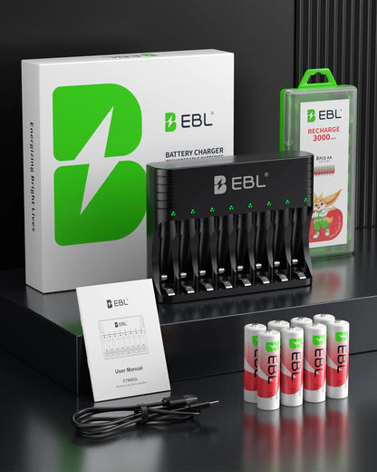 EBL Universal Battery Charger + 8-Pack Rechargeable Lithium AA Batteries 3000Mwh | 1.5V Constant, 1600 Cycles, Leak-Proof for Blink Cameras & High-Drain Devices