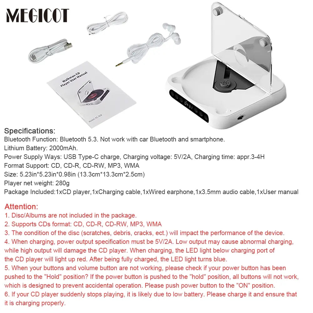 MEGICOT Portable Bluetooth-Compatible CD Player, Multifunction Rechargeable CD Player with LED Display, Portable Speaker CD Music Player for Home and Outdoor Use #GLOBAL PICKS