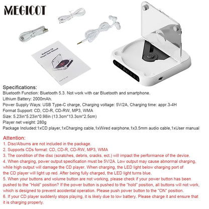 MEGICOT Portable Bluetooth-Compatible CD Player, Multifunction Rechargeable CD Player with LED Display, Portable Speaker CD Music Player for Home and Outdoor Use #GLOBAL PICKS