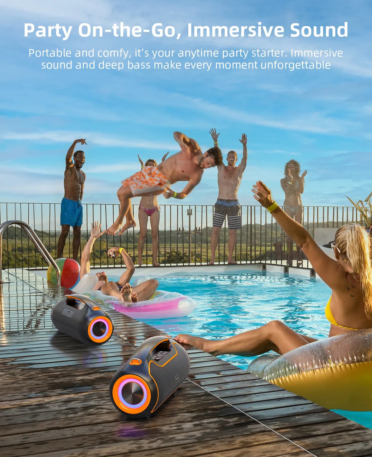 Portable Bluetooth Speakers, 200W Peak Loud Sound and Deep Bass for Party, IP65 Waterproof Wireless Outdoor Speaker W/ 2*Subwoofer/Tweeter/Dsp/Bass Boost/Fast Charging/Tws/Tf/Usb/Aux, 24H Playtime