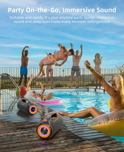 Portable Bluetooth Speakers, 200W Peak Loud Sound and Deep Bass for Party, IP65 Waterproof Wireless Outdoor Speaker W/ 2*Subwoofer/Tweeter/Dsp/Bass Boost/Fast Charging/Tws/Tf/Usb/Aux, 24H Playtime