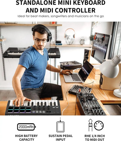 LEKATO SMK-25 USB 25 Key MIDI Keyboard Controller with 8 Backlit Drum Pads, Bluetooth Semi Weighted Dynamic Keybed 8 Knobs and Music Production, Smart Scales, Chords, Software Included, Back to School