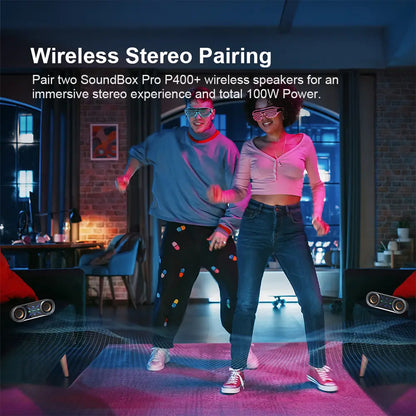 DOSS Soundbox Pro+ P400 Multifunctional Wireless Speaker - 50W Full Range Stereo, Dual 25W Woofer Drivers, DSP Tech, 26H Playtime, 2 Batteries, USB Rechargeable, Portable Outdoor, Smartphone Audio, Home Use, Black with Phantom Mirror Light Show,Summervibe