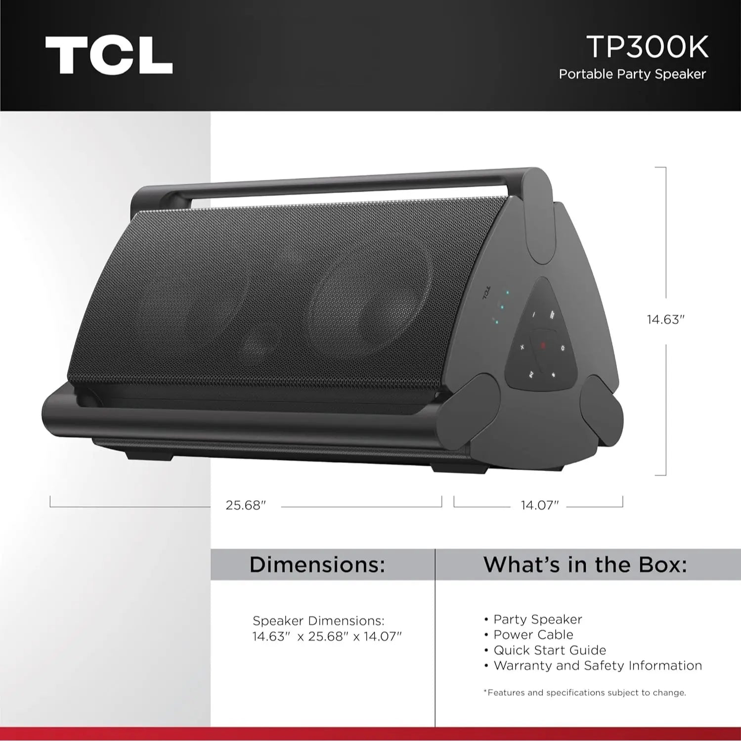 TCL TP300K & TP200K Portable Bluetooth Party Speaker with 8 RGB Dynamic Light Shows, 18 Hr Battery, and IPX4 Splash-Proof Rating