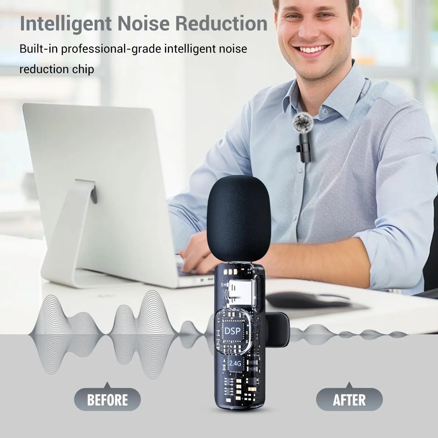 3-In-1 Wireless Compact Portable Lavalier Microphone for Iphone, Android, PC, USB-C, Noise Cancelling Lapel Mic