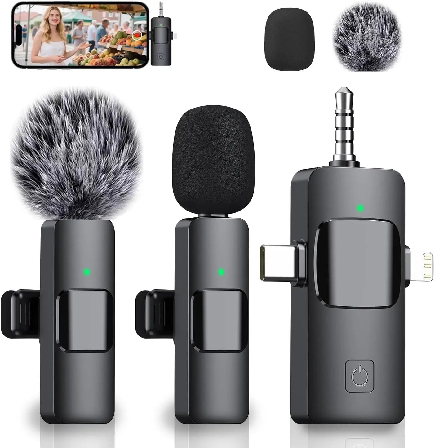 3-In-1 Wireless Compact Portable Lavalier Microphone for Iphone, Android, PC, USB-C, Noise Cancelling Lapel Mic