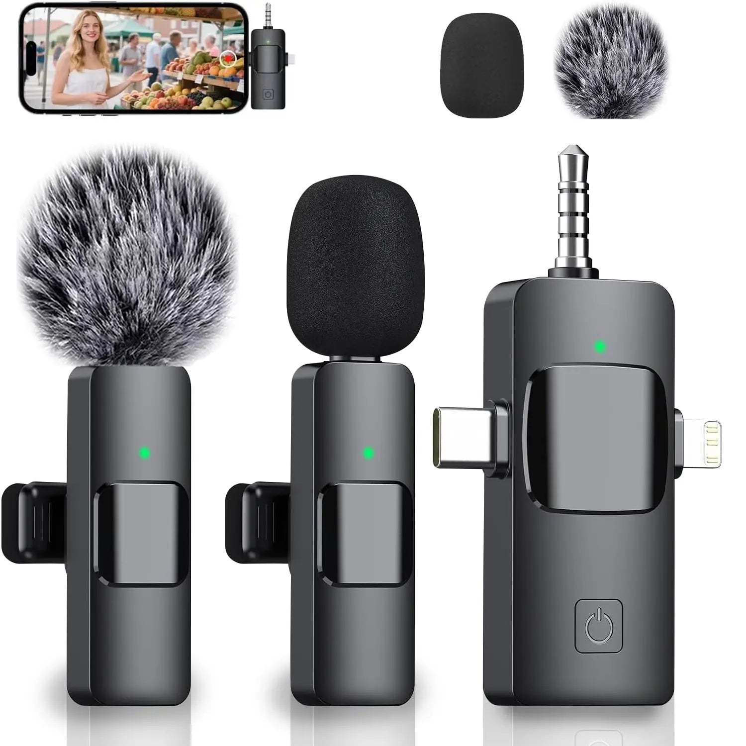 3-In-1 Wireless Compact Portable Lavalier Microphone for Iphone, Android, PC, USB-C, Noise Cancelling Lapel Mic