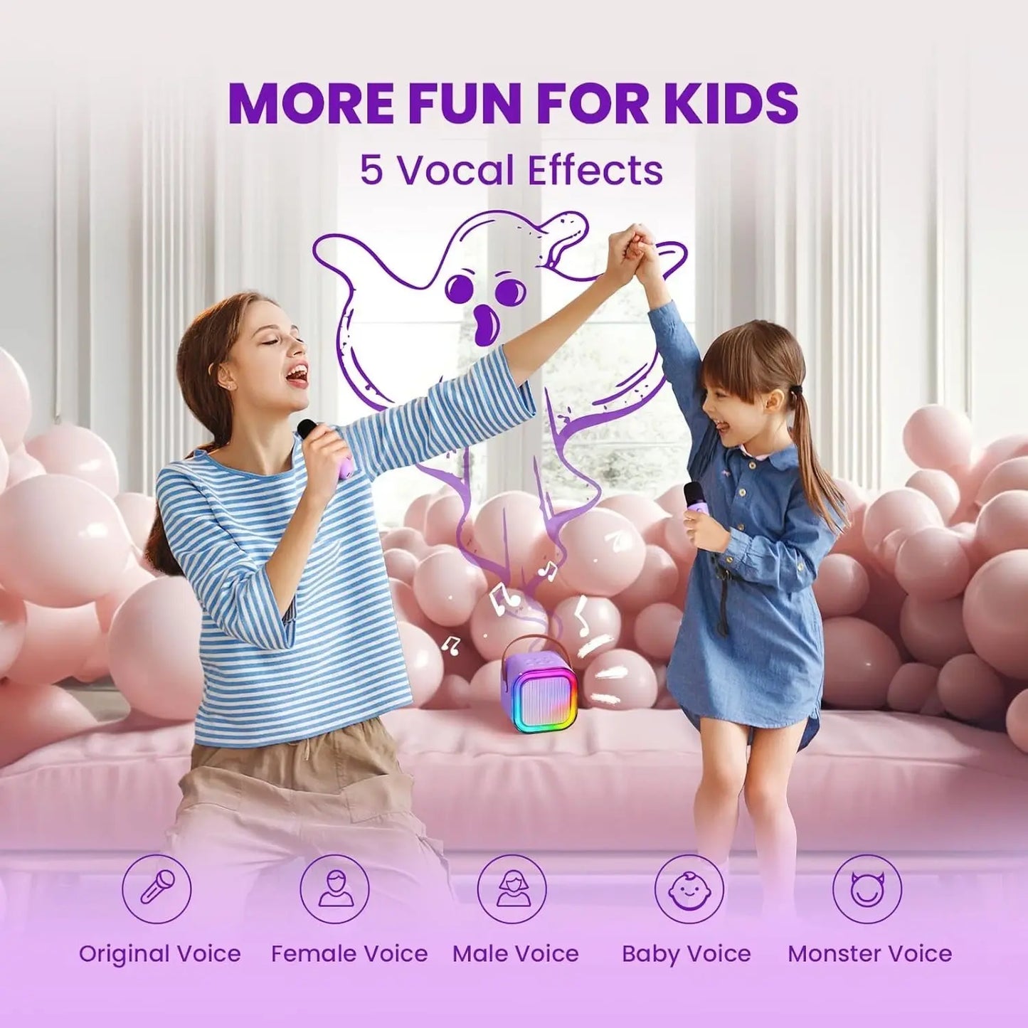 Mini Karaoke Machine with 2 Wireless Mics, Superior Sound Quality, Bluetooth Connectivity