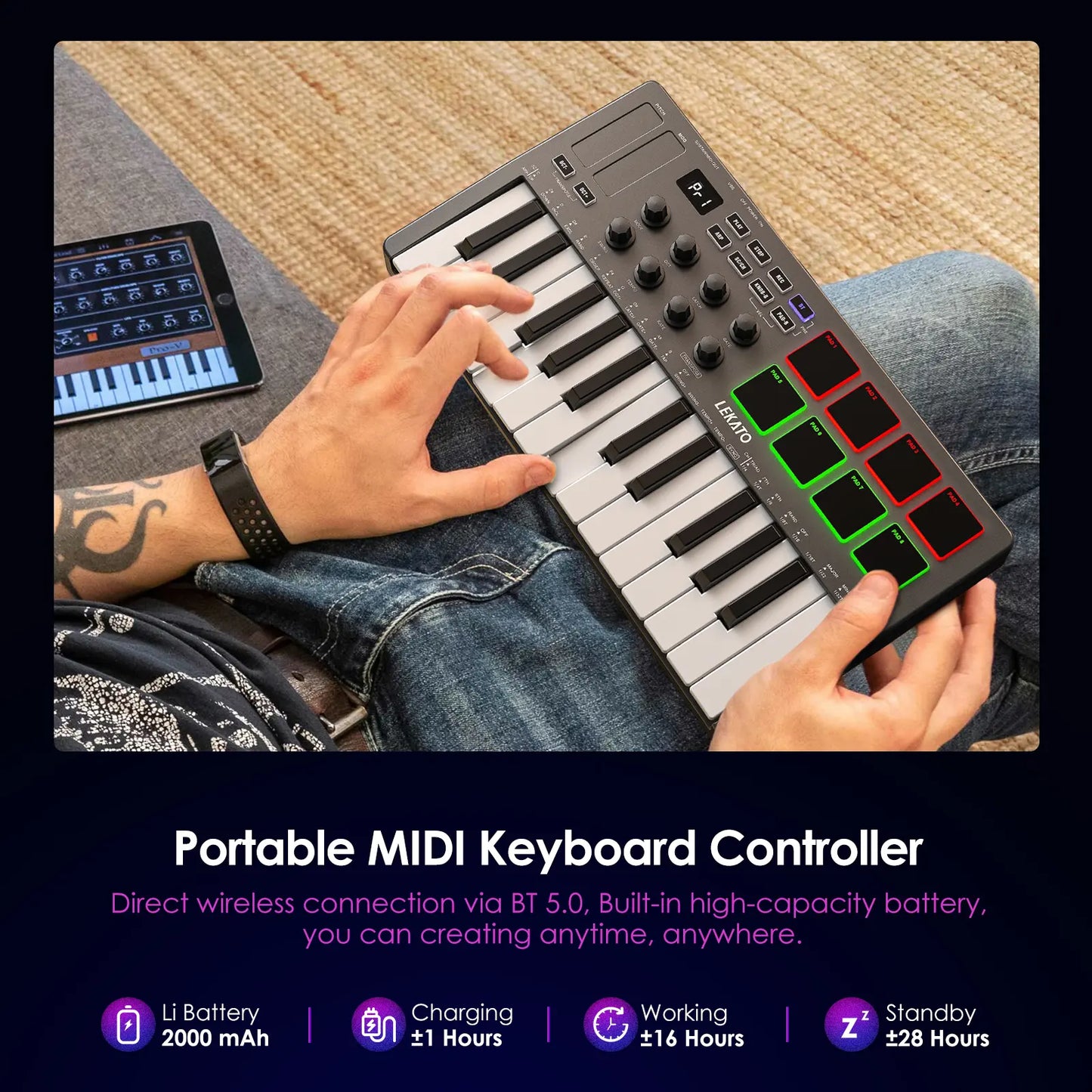 LEKATO SMK-25 USB 25 Key MIDI Keyboard Controller with 8 Backlit Drum Pads, Bluetooth Semi Weighted Dynamic Keybed 8 Knobs and Music Production, Smart Scales, Chords, Software Included, Back to School