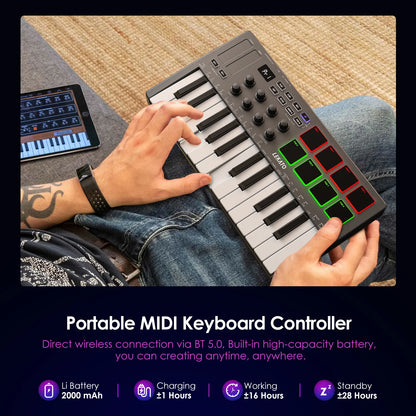 LEKATO SMK-25 USB 25 Key MIDI Keyboard Controller with 8 Backlit Drum Pads, Bluetooth Semi Weighted Dynamic Keybed 8 Knobs and Music Production, Smart Scales, Chords, Software Included, Back to School