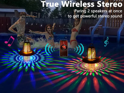 Floating Pool Speaker Bluetooth 5.1 with LED Flame & RGB Lights IP68 Waterproof TWS Pairing Built-In Mic Colorful Audio for Pool Hot Tub Black Stereo Sound Dual Pairing - Button Handle Wireless