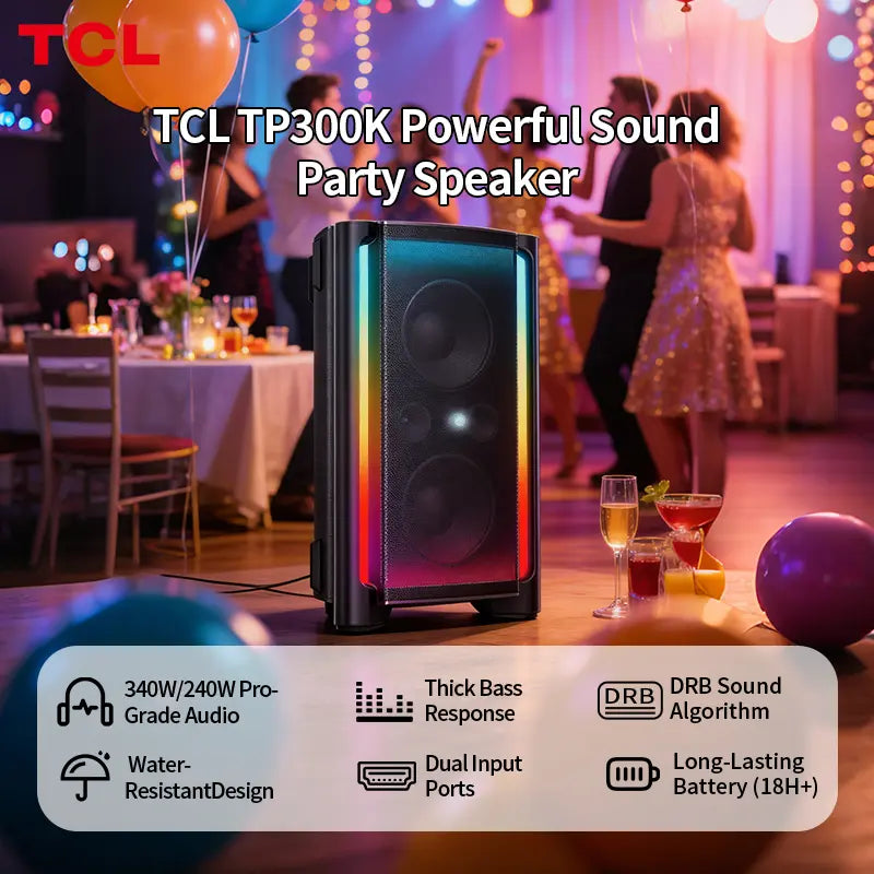 TCL TP300K & TP200K Portable Bluetooth Party Speaker with 8 RGB Dynamic Light Shows, 18 Hr Battery, and IPX4 Splash-Proof Rating