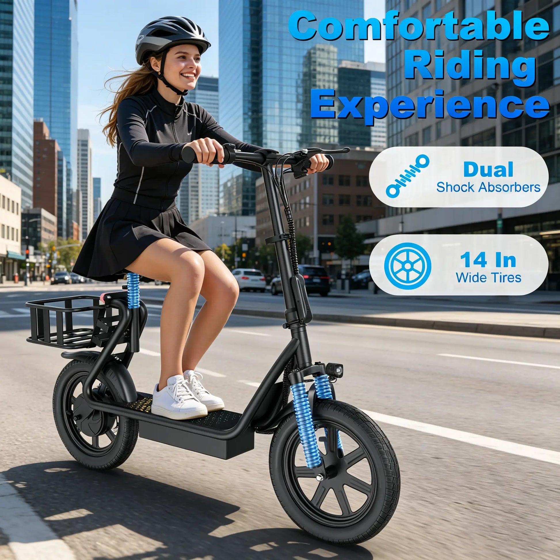 JOYHIS 14" Commuter Electric Scooter with Seat Basket & Dual Brakes, 500W-750W Motor 22MPH 21-27 Miles Range, Foldable 51Lbs Supports 265Lbs Bright LED Lights – Perfect for College Riders & Grocery Runs, WERHY SCOOTER