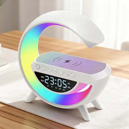 Wireless Speaker Charger Light LED Bedside Lamp 4-In-1 Alarm Clock Mood Light Speaker & Wireless Charger G-Shaped Atmosphere Lamp RGB Colour Changing Lamp for Bedroom Birthday Gifts with 5 Attributes