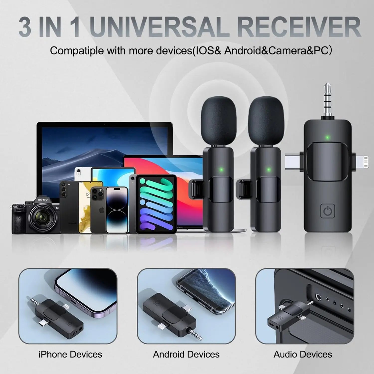 3-In-1 Wireless Compact Portable Lavalier Microphone for Iphone, Android, PC, USB-C, Noise Cancelling Lapel Mic