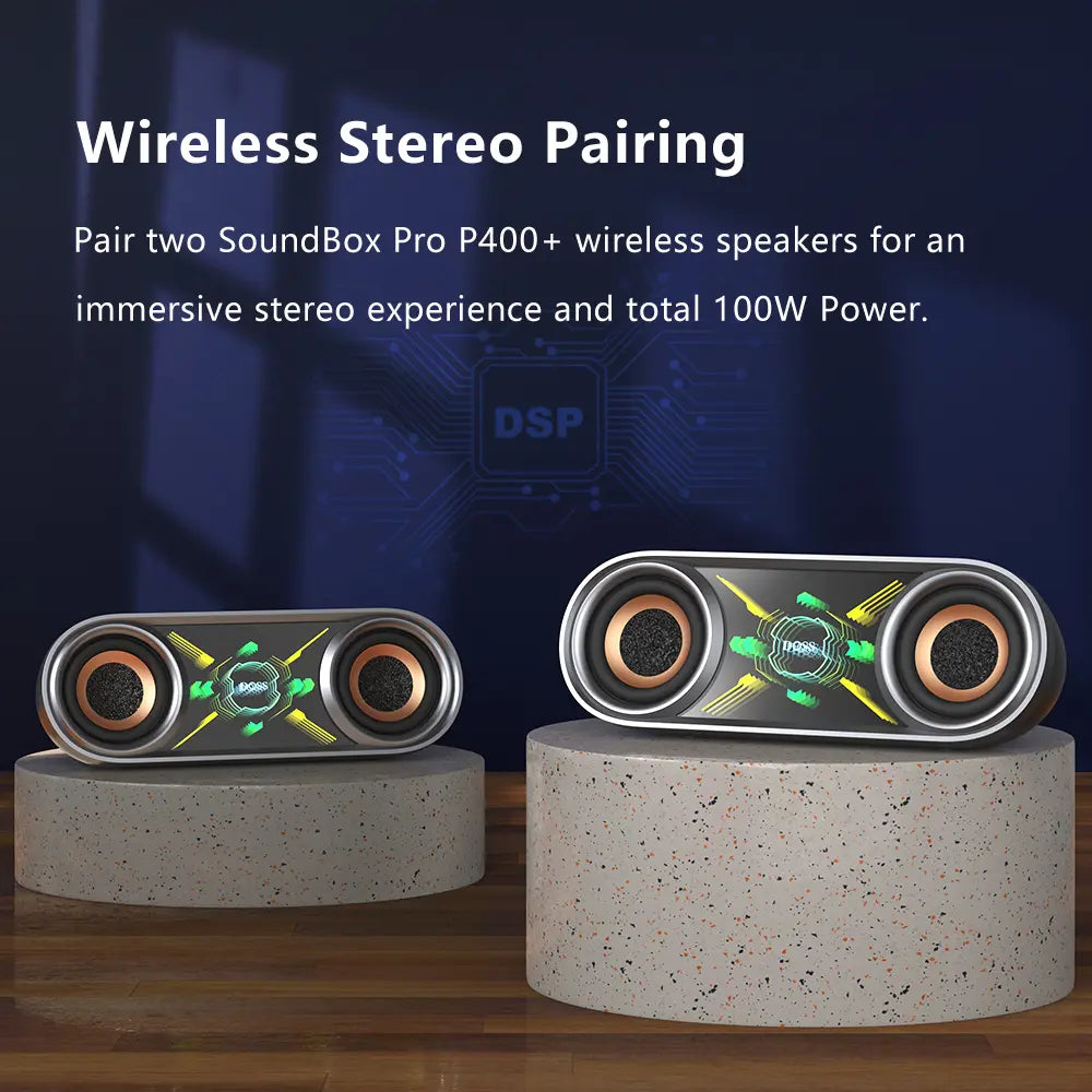 DOSS Soundbox Pro+ P400 Multifunctional Wireless Speaker - 50W Full Range Stereo, Dual 25W Woofer Drivers, DSP Tech, 26H Playtime, 2 Batteries, USB Rechargeable, Portable Outdoor, Smartphone Audio, Home Use, Black with Phantom Mirror Light Show,Summervibe