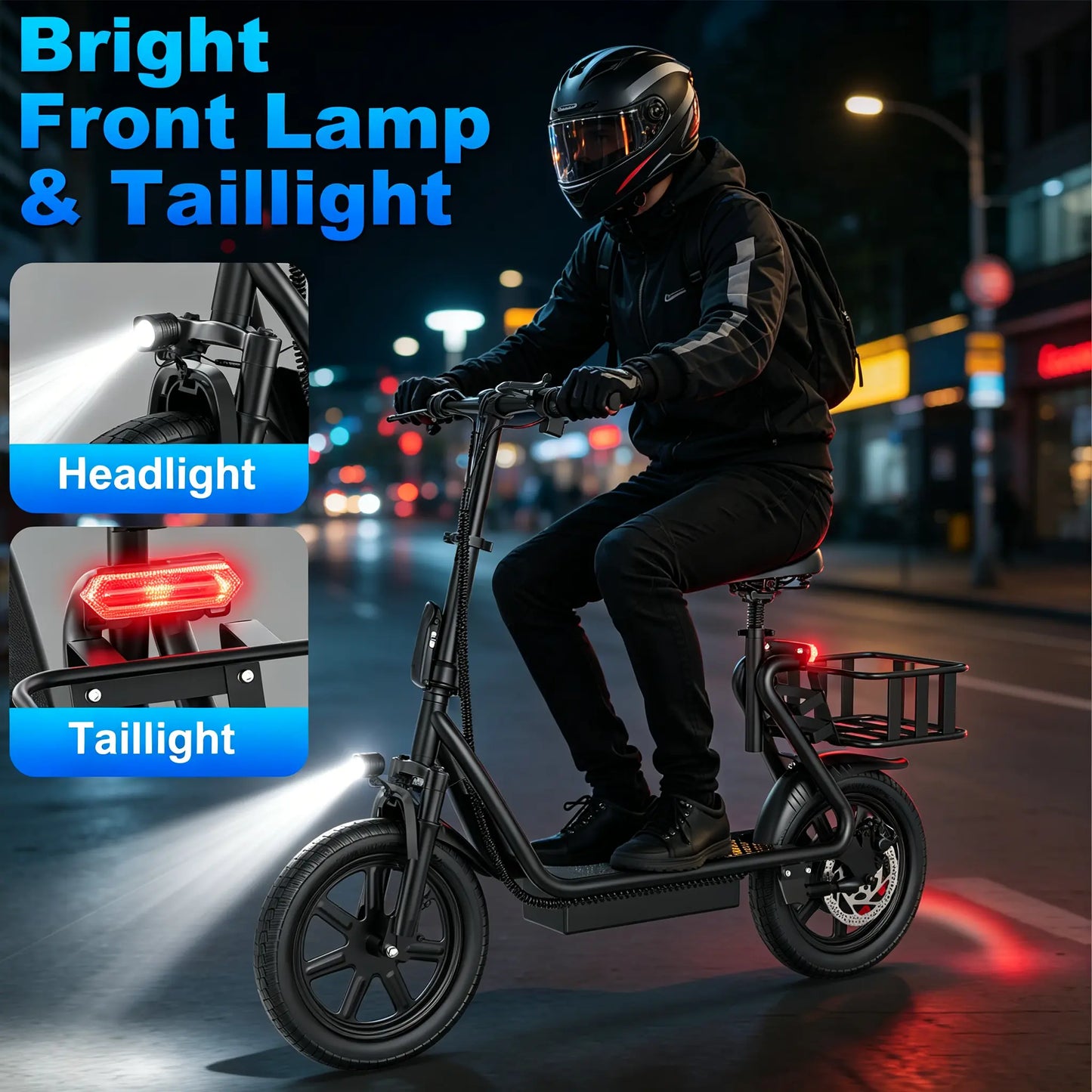 JOYHIS 14" Commuter Electric Scooter with Seat Basket & Dual Brakes, 500W-750W Motor 22MPH 21-27 Miles Range, Foldable 51Lbs Supports 265Lbs Bright LED Lights – Perfect for College Riders & Grocery Runs, WERHY SCOOTER