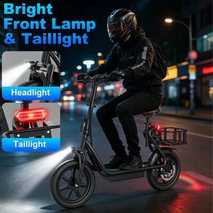 JOYHIS 14" Commuter Electric Scooter with Seat Basket & Dual Brakes, 500W-750W Motor 22MPH 21-27 Miles Range, Foldable 51Lbs Supports 265Lbs Bright LED Lights – Perfect for College Riders & Grocery Runs, WERHY SCOOTER