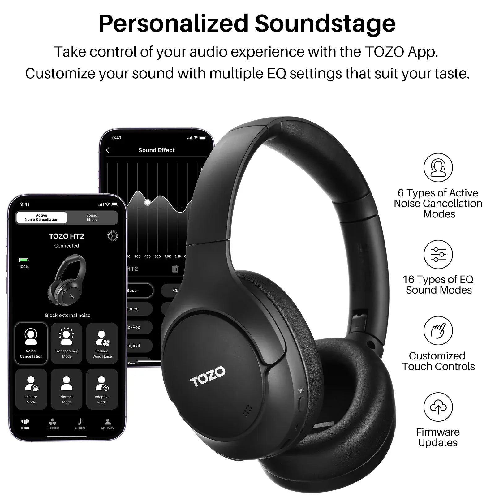 TOZO HT2 Hybrid Active Noise Cancelling Headphones, Wireless over Ear Bluetooth Headphones Electronic Audio Headset Earbud Noisecancellingheadphones Gym Traveling Mother'S Day Gift Tiktokshopcreatorpicks Black