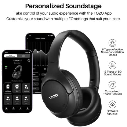 TOZO HT2 Hybrid Active Noise Cancelling Headphones, Wireless over Ear Bluetooth Headphones Electronic Audio Headset Earbud Noisecancellingheadphones Gym Traveling Mother'S Day Gift Tiktokshopcreatorpicks Black