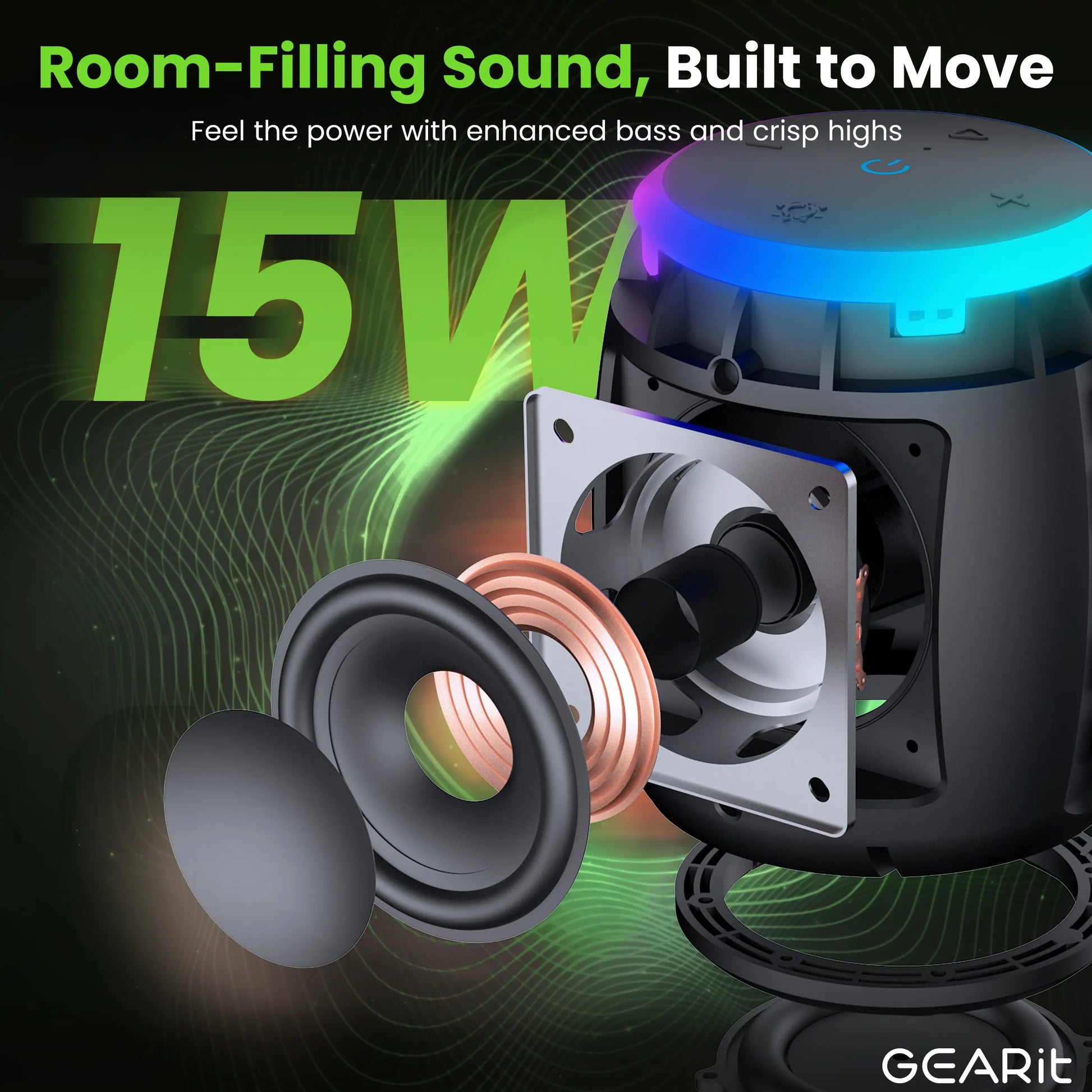Gearit Portable Water-Resistant 15W Bluetooth Speaker with Crystal-Clear Sound & Bass IPX6 Rated Lanyard Included True Wireless Stereo Pairing up to 10 Hours Playtime