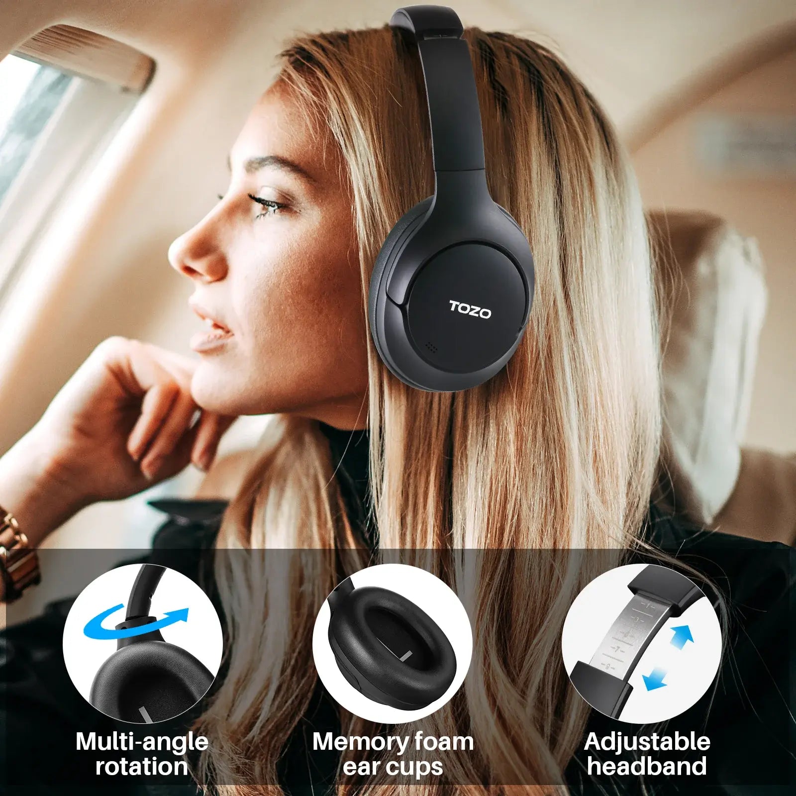 TOZO HT2 Hybrid Active Noise Cancelling Headphones, Wireless over Ear Bluetooth Headphones Electronic Audio Headset Earbud Noisecancellingheadphones Gym Traveling Mother'S Day Gift Tiktokshopcreatorpicks Black