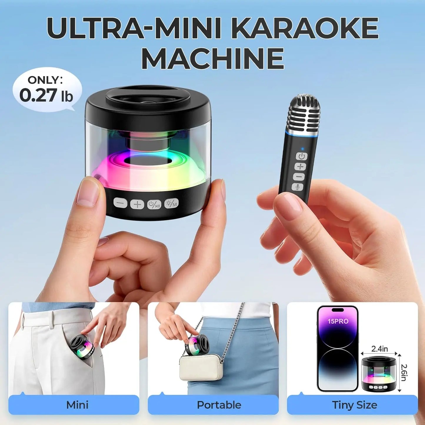 Heetipuk K22 Karaoke Machine, Ultra Mini Portable Karaoke Machine with 2 Wireless Lapel Microphones for Adults & Kids, Strong Magnetic, Lyrics Display, TWS&RGB Lights,Karaoke System for Home Party Gifts
