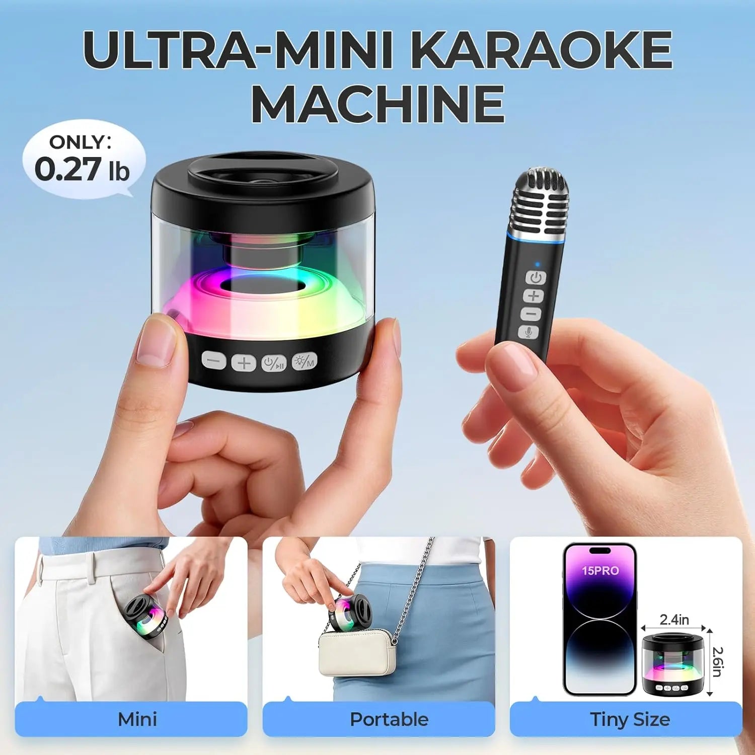 Heetipuk K22 Karaoke Machine, Ultra Mini Portable Karaoke Machine with 2 Wireless Lapel Microphones for Adults & Kids, Strong Magnetic, Lyrics Display, TWS&RGB Lights,Karaoke System for Home Party Gifts